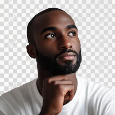 dark skin man has an idea, white studio background, front light, minimalism, ultrarealistic, hd, professional photo