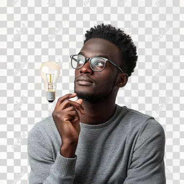 dark skin man has an idea, white studio background, front light, minimalism, ultrarealistic, hd, professional photo