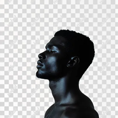 dark skin man has an idea, white studio background, front light, minimalism, ultrarealistic, hd, professional photo