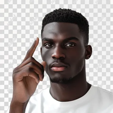 dark skin man has an idea, white studio background, front light, minimalism, ultrarealistic, hd, professional photo
