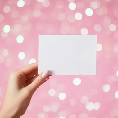 A white blank A4 card in the woman's hand, against a pink background with sequins and bokeh lights, pastel colors, and glitter, in the style of hyper-realistic photography.