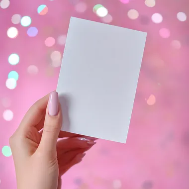 A white blank A4 card in the woman's hand, against a pink background with sequins and bokeh lights, pastel colors, and glitter, in the style of hyper-realistic photography.