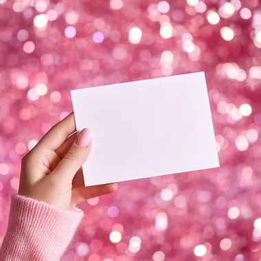 A white blank A4 card in the woman's hand, against a pink background with sequins and bokeh lights, pastel colors, and glitter, in the style of hyper-realistic photography.