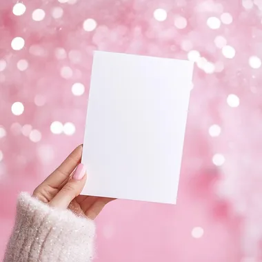 A white blank A4 card in the woman's hand, against a pink background with sequins and bokeh lights, pastel colors, and glitter, in the style of hyper-realistic photography.