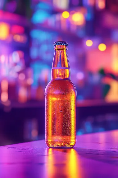A craft beer advertisement poster with a close-up of a bottle of beer on a purple table, depicting a scene in a high-end bar with a light purple atmosphere,8K  --s 250