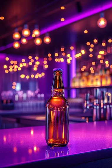 A craft beer advertisement poster with a close-up of a bottle of beer on a purple table, depicting a scene in a high-end bar with a light purple atmosphere,8K  --s 250
