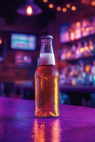 A craft beer advertisement poster with a close-up of a bottle of beer on a purple table, depicting a scene in a high-end bar with a light purple atmosphere,8K  --s 250