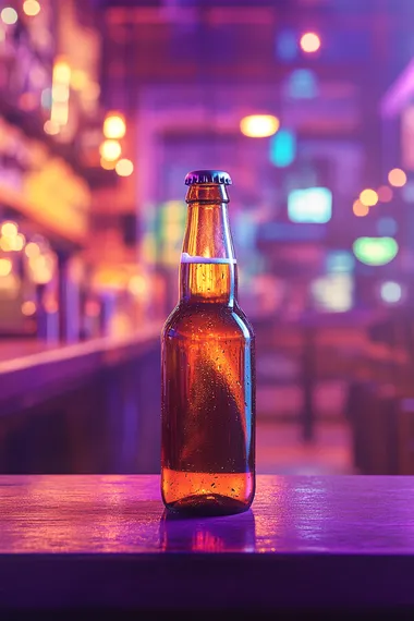 A craft beer advertisement poster with a close-up of a bottle of beer on a purple table, depicting a scene in a high-end bar with a light purple atmosphere,8K  --s 250