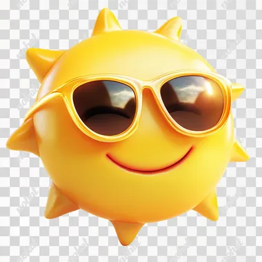 A cute little sun, wearing sunglasses, smiling, 3D icon, cartoon, C4D, OC renderer, light sense, white background