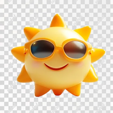 A cute little sun, wearing sunglasses, smiling, 3D icon, cartoon, C4D, OC renderer, light sense, white background