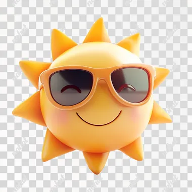 A cute little sun, wearing sunglasses, smiling, 3D icon, cartoon, C4D, OC renderer, light sense, white background