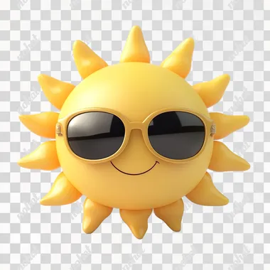 A cute little sun, wearing sunglasses, smiling, 3D icon, cartoon, C4D, OC renderer, light sense, white background