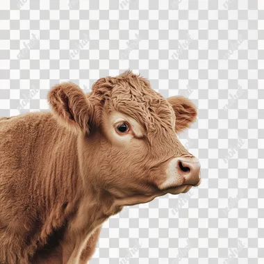 a photo of side view of a brown cow, white png background, realistic