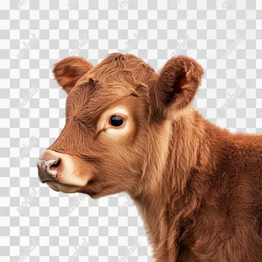 a photo of side view of a brown cow, white png background, realistic