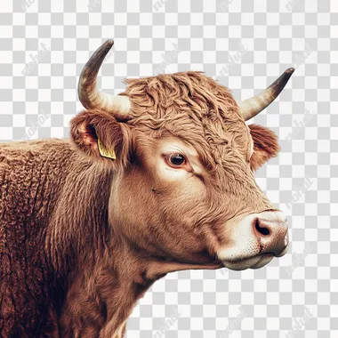 a photo of side view of a brown cow, white png background, realistic