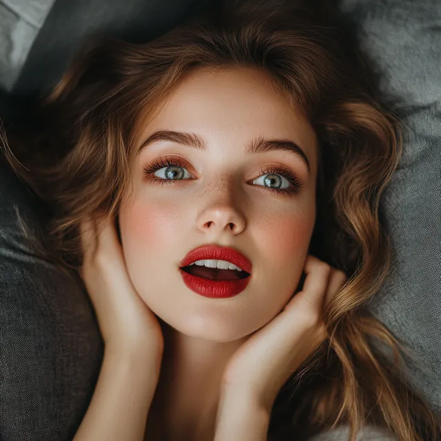 a woman laying on top of a bed next to a pillow