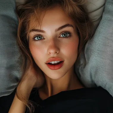 beautiful feminine woman, meaningful eye contact, mouth open, eyebrows raised, naturally rosy cheeks, naturally red lips, reacting to a strong enjoyable sensation, pillow behind her head, inner joy shiver, enjoying touch