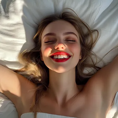 beautiful feminine woman, meaningful eye contact, mouth open, eyebrows raised, naturally rosy cheeks, naturally red lips, reacting to a strong enjoyable sensation, pillow behind her head, inner joy shiver, enjoying touch