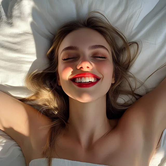 a woman laying in bed with her eyes closed