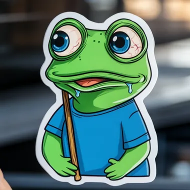 Pepe the Frog head and shoulders sticker with hands on face, eyes with tears, blue shirt, green body, broom in mouth, cartoon style, white border around sticker, high quality details, blurred background