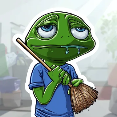 Pepe the Frog head and shoulders sticker with hands on face, eyes with tears, blue shirt, green body, broom in mouth, cartoon style, white border around sticker, high quality details, blurred background
