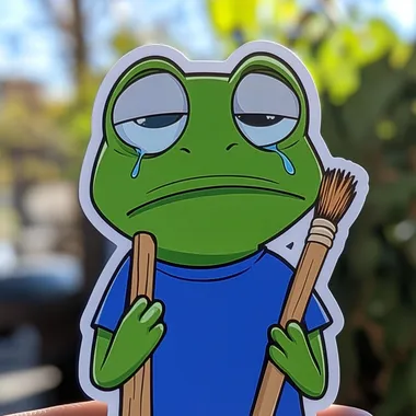 Pepe the Frog head and shoulders sticker with hands on face, eyes with tears, blue shirt, green body, broom in mouth, cartoon style, white border around sticker, high quality details, blurred background