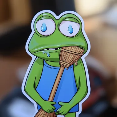 Pepe the Frog head and shoulders sticker with hands on face, eyes with tears, blue shirt, green body, broom in mouth, cartoon style, white border around sticker, high quality details, blurred background