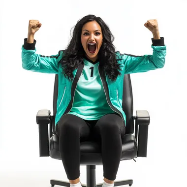 A mexican elegant pretty woman of 30 years with black relaxed hair with wearing a mint color soccer jersey and a light weight black jacket is sitting on a black elegant stadium chair cheering exited, in the front view, against a white background. The image is photo-realistic and hyper-detailed and frontal view. - ar 16: