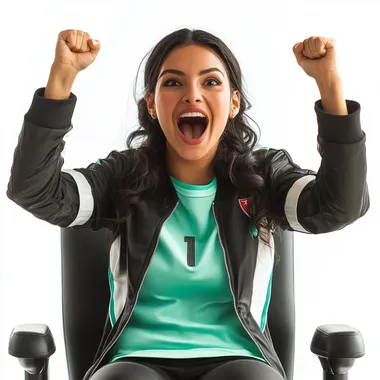 A mexican elegant pretty woman of 30 years with black relaxed hair with wearing a mint color soccer jersey and a light weight black jacket is sitting on a black elegant stadium chair cheering exited, in the front view, against a white background. The image is photo-realistic and hyper-detailed and frontal view. - ar 16: