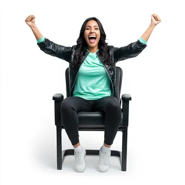 A mexican elegant pretty woman of 30 years with black relaxed hair with wearing a mint color soccer jersey and a light weight black jacket is sitting on a black elegant stadium chair cheering exited, in the front view, against a white background. The image is photo-realistic and hyper-detailed and frontal view. - ar 16: