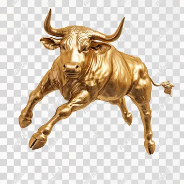 Golden Wall Street Bull, jumping up pose, white background, high-definition photography