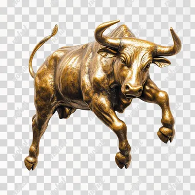 Golden Wall Street Bull, jumping up pose, white background, high-definition photography