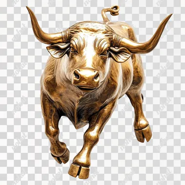 Golden Wall Street Bull, jumping up pose, white background, high-definition photography