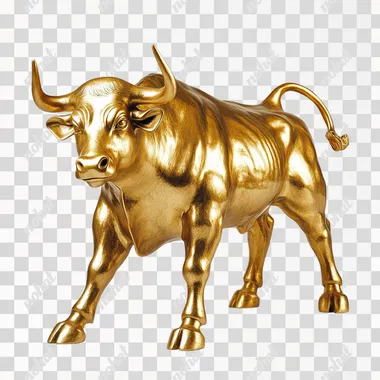 Golden Wall Street Bull, jumping up pose, white background, high-definition photography