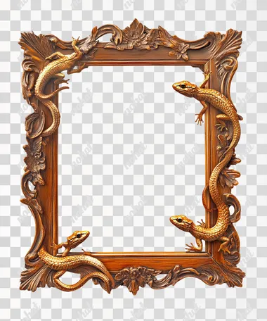 a wooden frame with shinny golden lizards ornaments a plain white background,