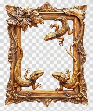 a wooden frame with shinny golden lizards ornaments a plain white background,