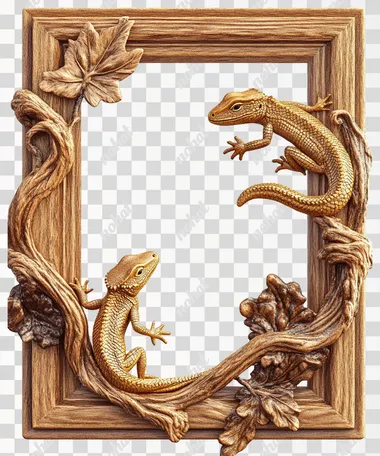 a wooden frame with shinny golden lizards ornaments a plain white background,