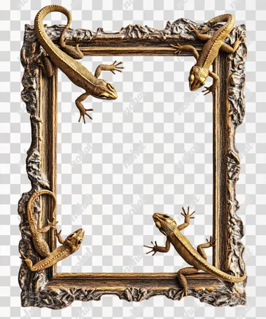 a wooden frame with shinny golden lizards ornaments a plain white background,