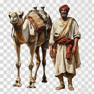 Ancient servant, standing next to camel, wearing a turban, wearing sandals and ancient tunic robe, realistic, white background --s 250