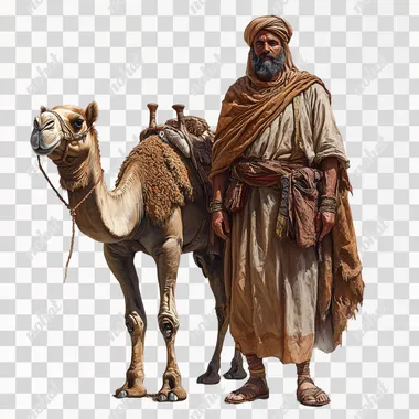 Ancient servant, standing next to camel, wearing a turban, wearing sandals and ancient tunic robe, realistic, white background --s 250