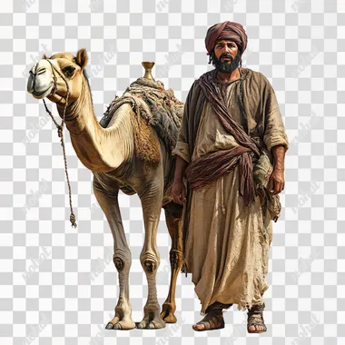 Ancient servant, standing next to camel, wearing a turban, wearing sandals and ancient tunic robe, realistic, white background --s 250