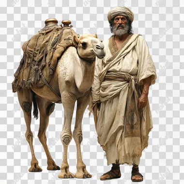 Ancient servant, standing next to camel, wearing a turban, wearing sandals and ancient tunic robe, realistic, white background --s 250