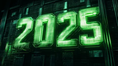 The bold number "2025", tech noir style, with bright green neon tubes and metal details, 3D rendering, isolated from background --s 150