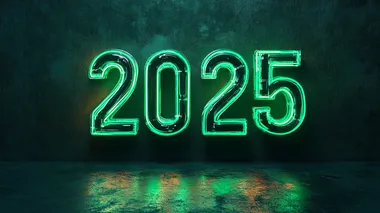 The bold number "2025", tech noir style, with bright green neon tubes and metal details, 3D rendering, isolated from background --s 150