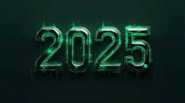 The bold number "2025", tech noir style, with bright green neon tubes and metal details, 3D rendering, isolated from background --s 150