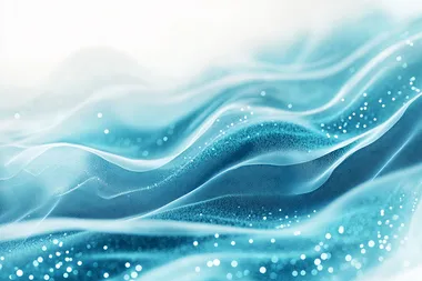 Teal and blue light particles move across a white background, leaving lines and trails in a uniform direction, flowing like a river of light, slightly out of focus.