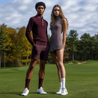 Functional Golf fashion inspired by dune, worn by athletic bi-racial models seen on a golf course on the fairway, wearing golf shoes, maybe seen with golf clubs, able to see model from head to feet, grey and maroon, pinstripe, sweater polo dress, v neck