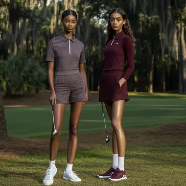 Functional Golf fashion inspired by dune, worn by athletic bi-racial models seen on a golf course on the fairway, wearing golf shoes, maybe seen with golf clubs, able to see model from head to feet, grey and maroon, pinstripe, sweater polo dress, v neck