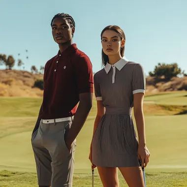 Functional Golf fashion inspired by dune, worn by athletic bi-racial models seen on a golf course on the fairway, wearing golf shoes, maybe seen with golf clubs, able to see model from head to feet, grey and maroon, pinstripe, sweater polo dress, v neck