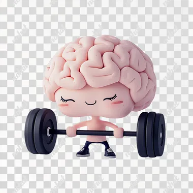 a cute brain is working out with weights, clay, cute, diorama, white background